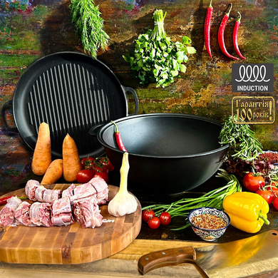Казан &Oslash;40см, 15л., чугунный узбецкий WOK Maysternya с крышкой-сковородой гриль